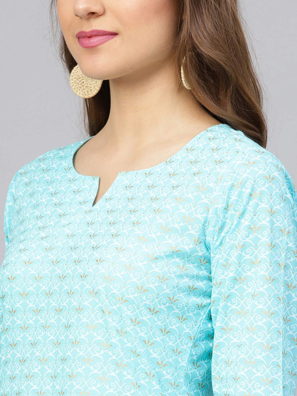 Idalia White And Sky Blue Gold Print Kurta Set With Pant And Dupatta - Pure Cotton, 3/4 Sleeve, Round V Neck, Calf Length