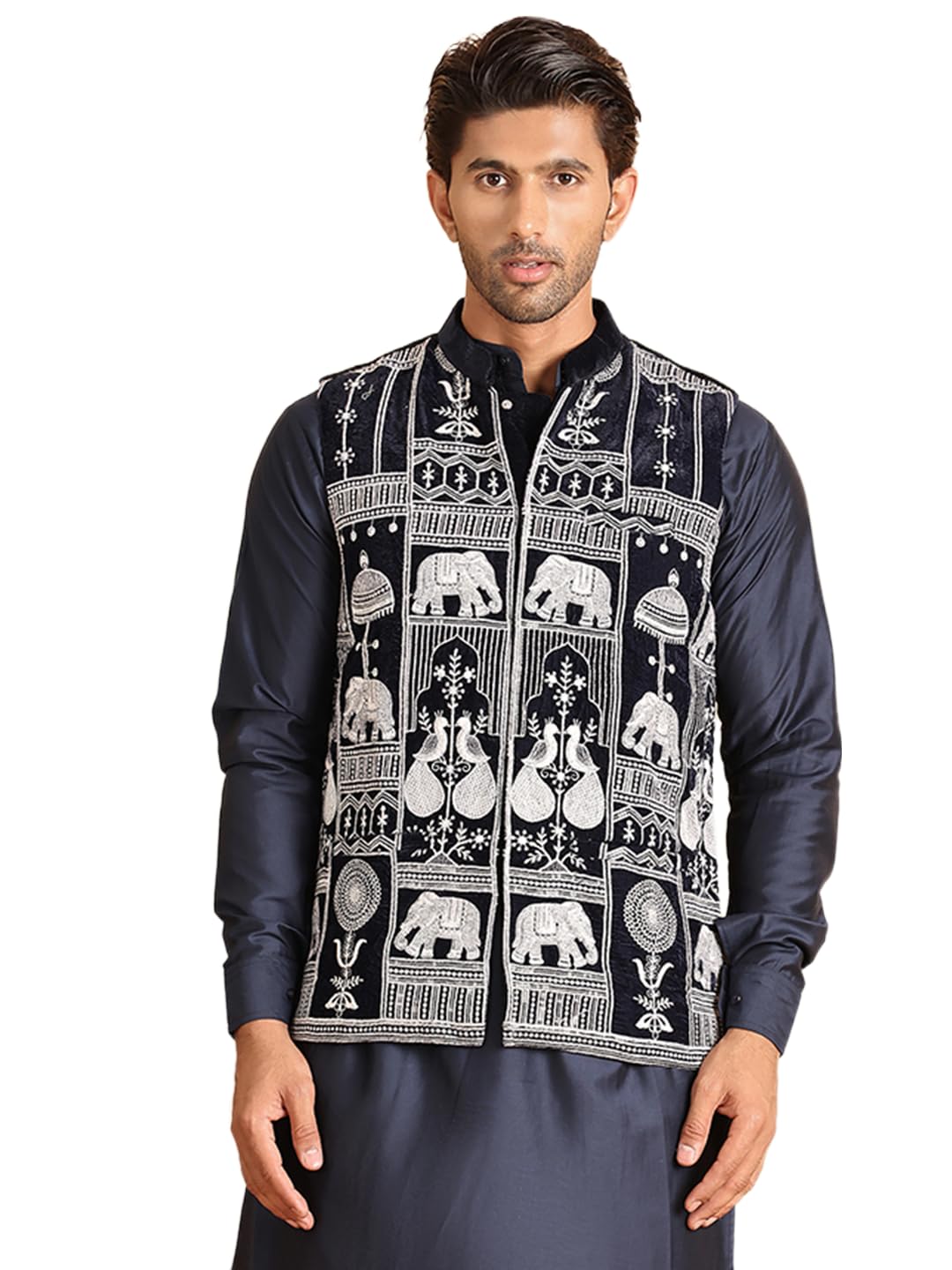 Jompers Mens Embroidered Velvet Nehru Jacket