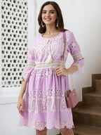 Ishin Schiffli Pure Cotton A-Line Dress Lilac