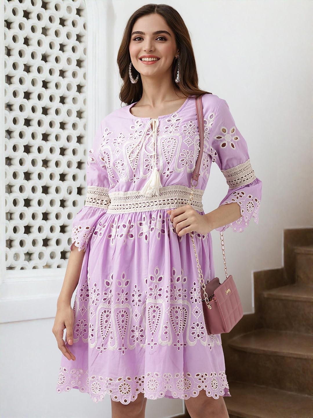 Ishin Schiffli Pure Cotton A-Line Dress Lilac