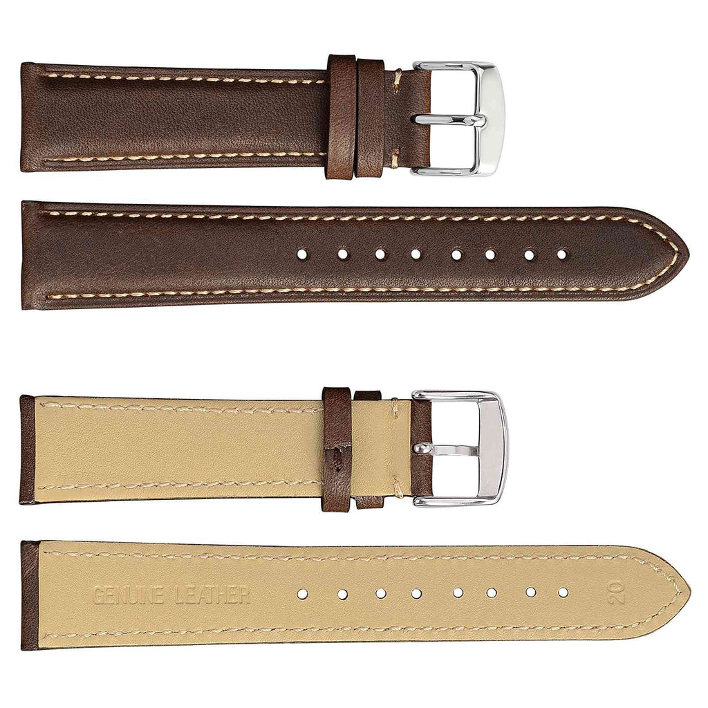 WOCCI 19mm Vintage Leather Watch Band for Men and Women, Silver Buckle (Dark Brown/Beige Seam)