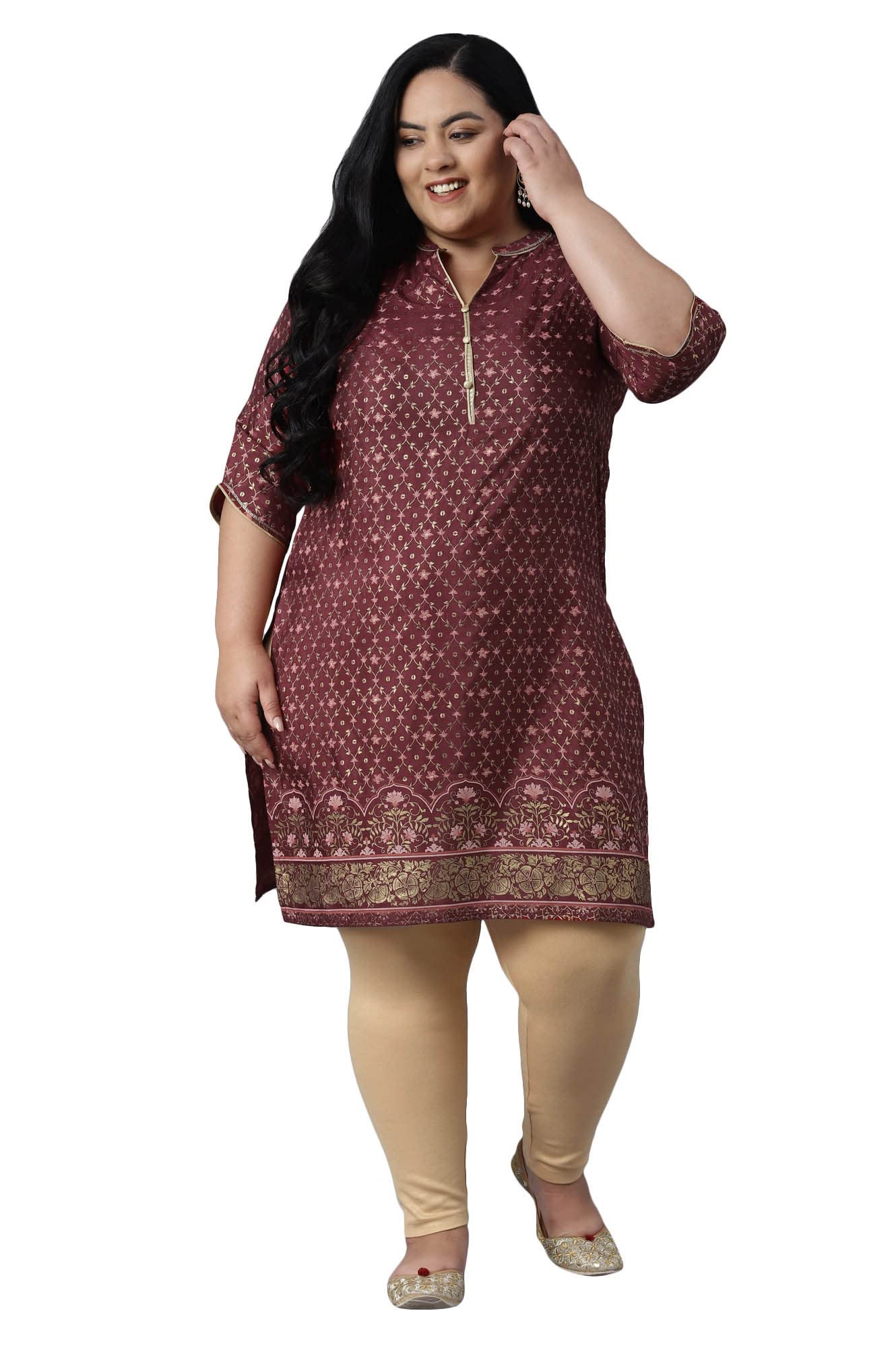 Aurelia WomenS Polyester Maroon Ornamental Mandarin Collar Straight Kurta_21Aua12719-503514_M