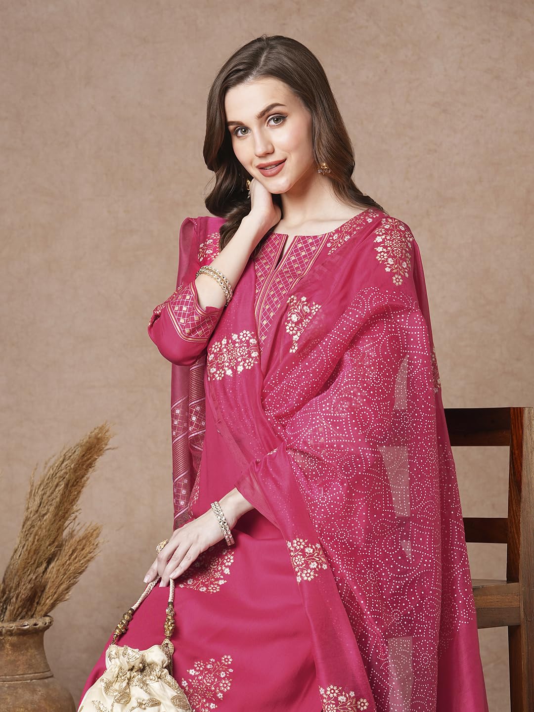 ANNI DESIGNER Ladies Rayon Printed Kurta with Trousers, pink, XL