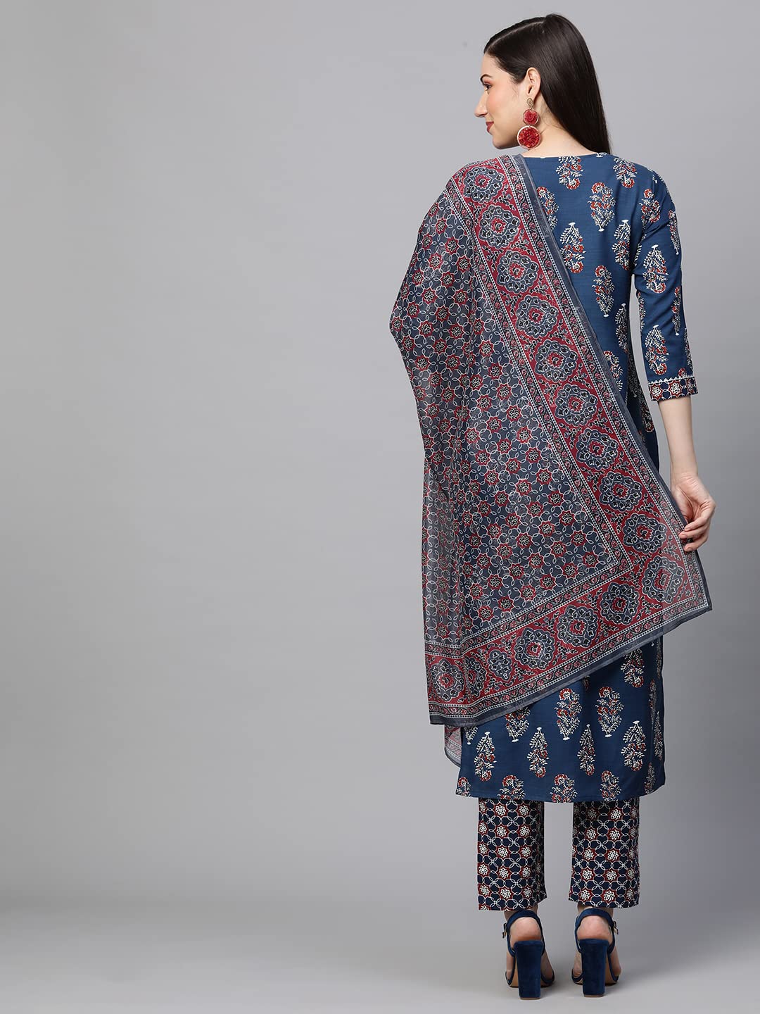 Anni Designer Women'S Cotton Blend Straight Printed Kurta With Pant & Dupatta Set (Jasmine-Nv)