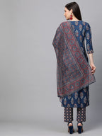 Gosriki Women'S Cotton Blend Straight Printed Kurta With Pant & Dupatta Set (Jasmine-Nv-Gs)