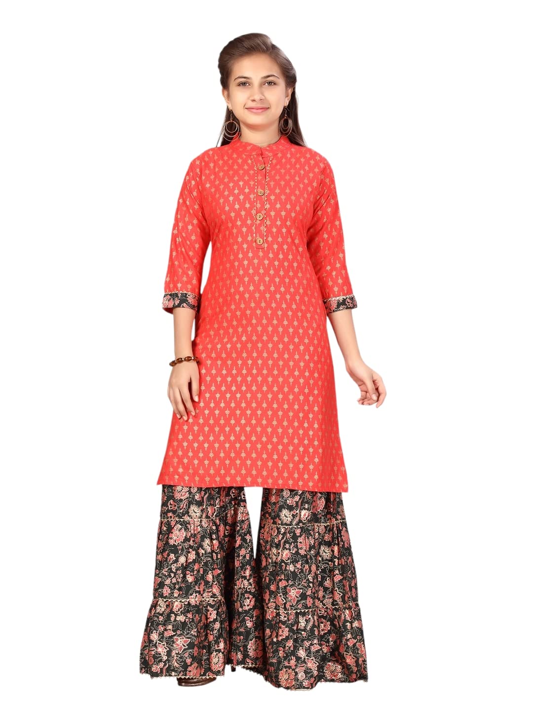 Aarika Girls Cotton Kurti Sharara Set (SH-AP-C-1_Gajri-Dark Green_34)