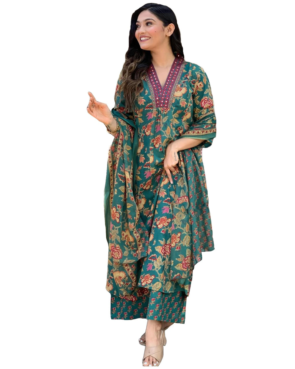 ANNI DESIGNER Womens Rayon Blend Anarkali Printed Kurta with Palazzo & Dupatta (CIA Green_4XL_Green_XXXX-Large)