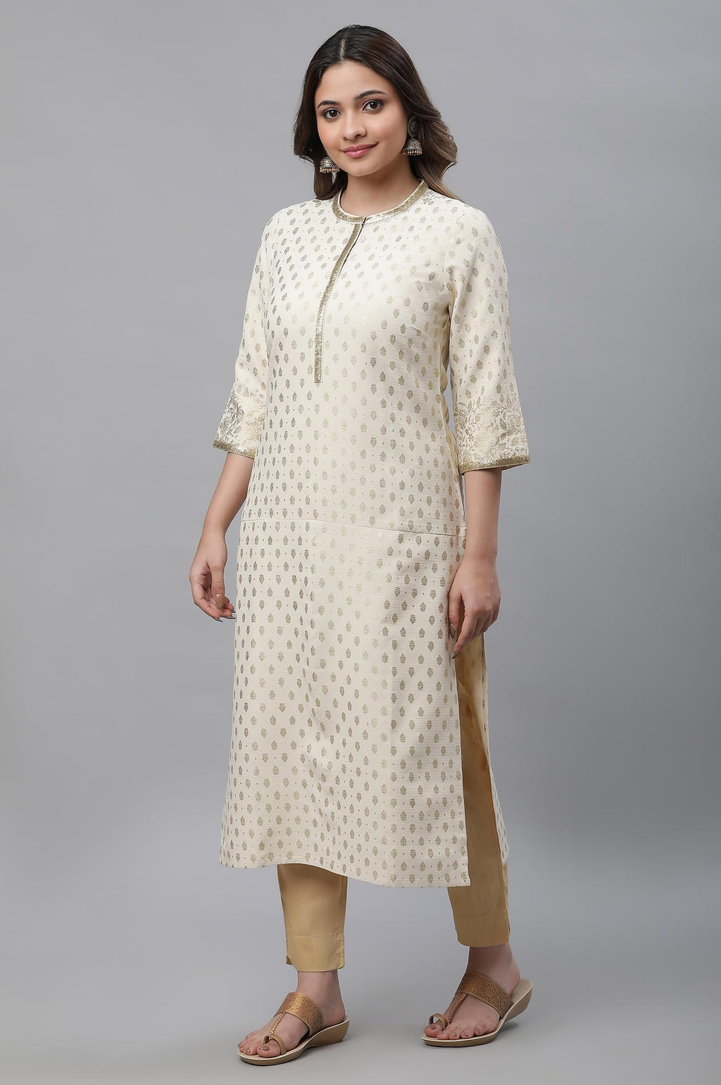 Aurelia Beige Foil Pattern Rayon Blend Regular Kurta