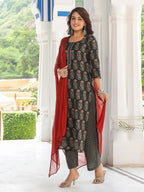 ANNI DESIGNER Womens Cotton Blend Printed Straight Kurta with Pant & Dupatta (Dini Green_XXL_Green_XX-Large)