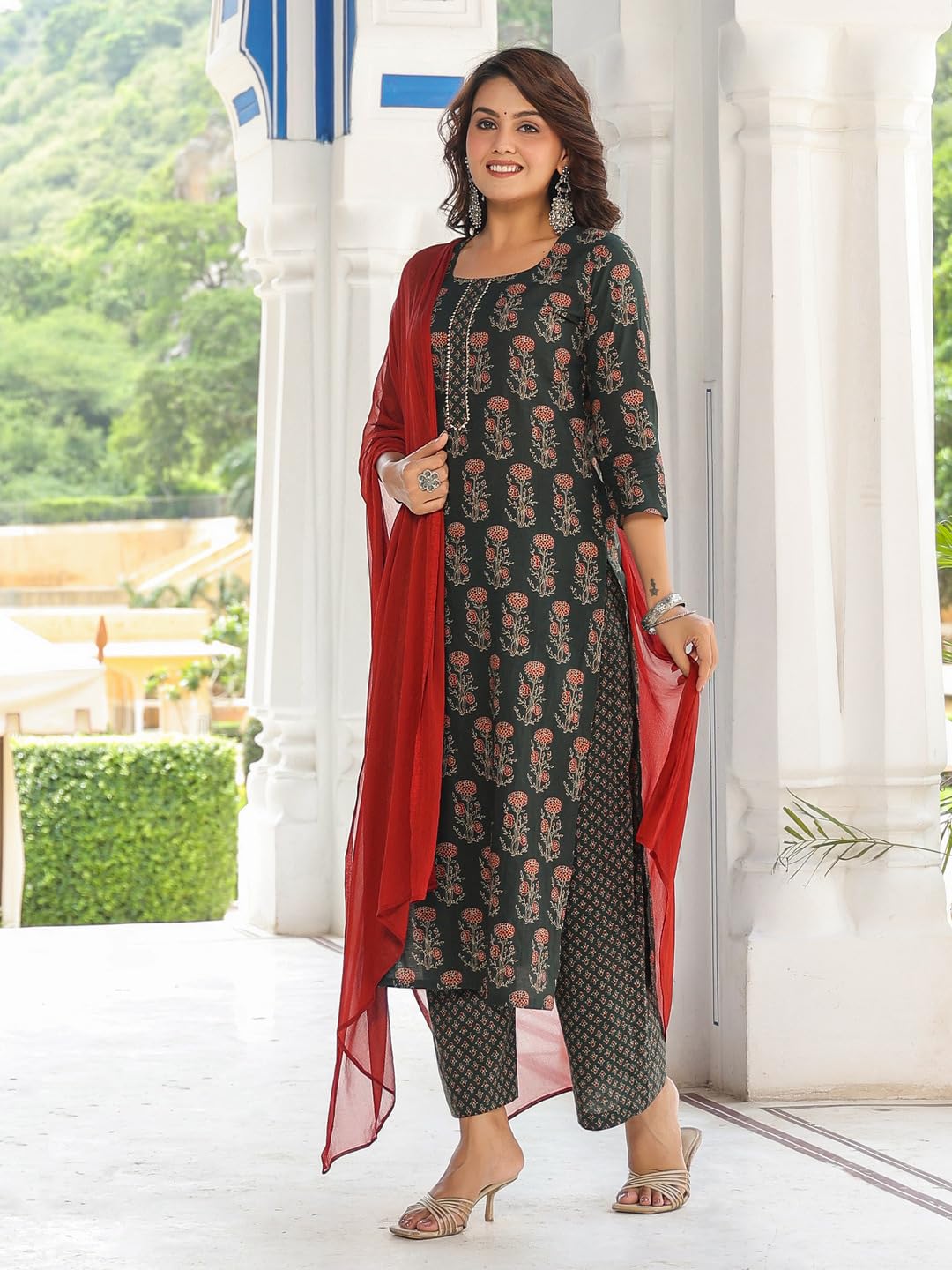 ANNI DESIGNER Womens Cotton Blend Printed Straight Kurta with Pant & Dupatta (Dini Green_XXL_Green_XX-Large)