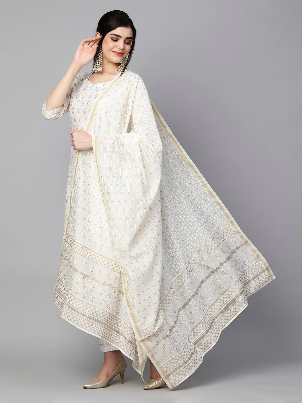 ANNI DESIGNER Womens Cotton Blend Straight Printed Kurta with Pant & Dupatta (Saligram Cream_L_Cream_Large)