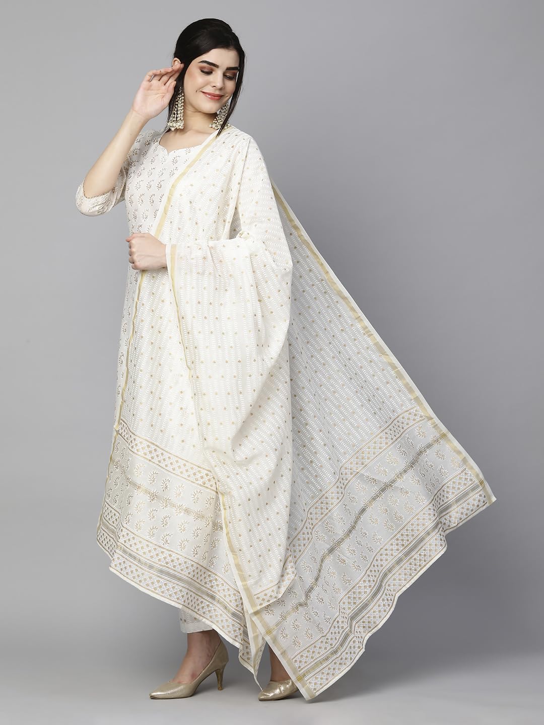 ANNI DESIGNER Womens Cotton Blend Straight Printed Kurta with Pant & Dupatta (Saligram Cream_L_Cream_Large)