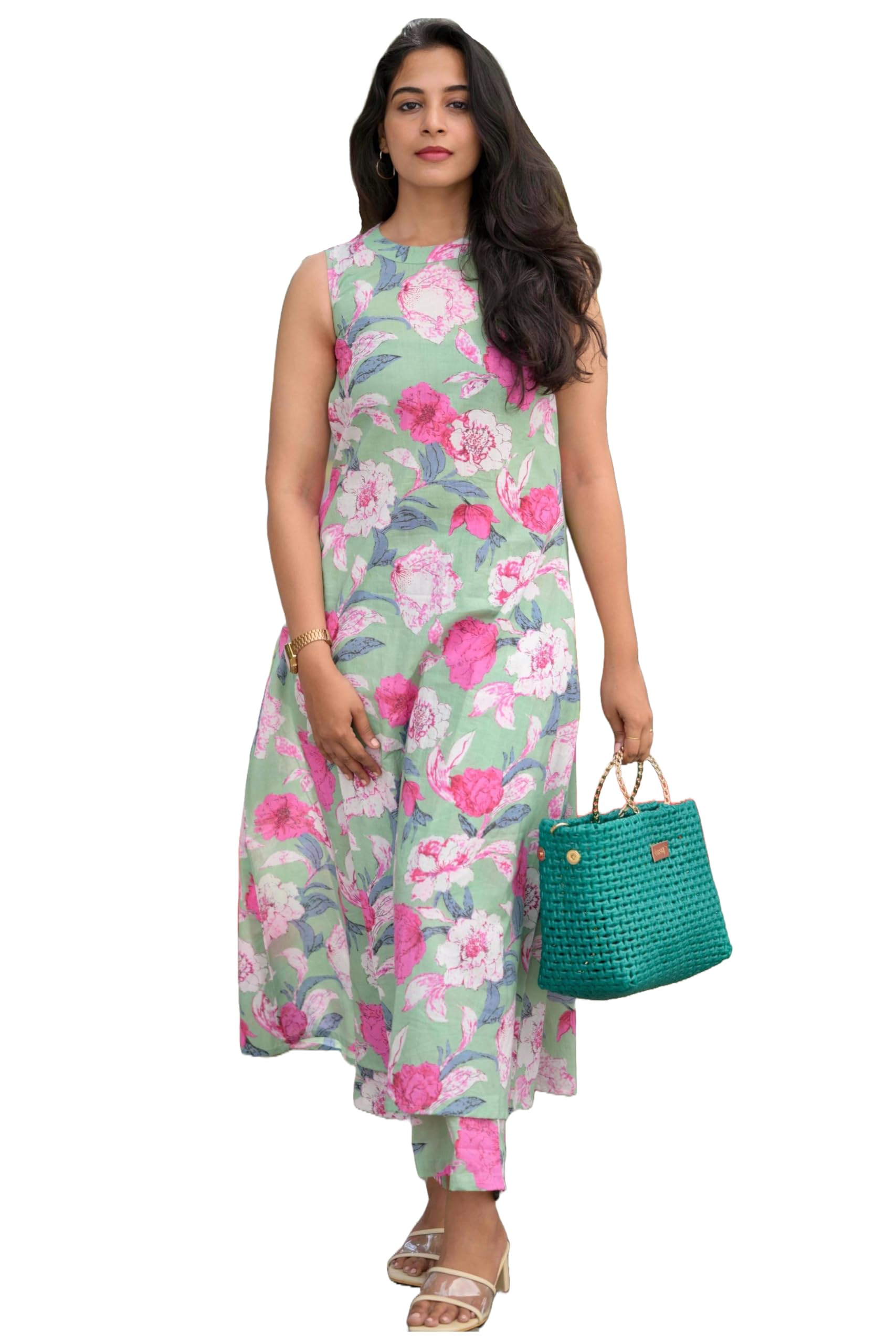 ANNI DESIGNER Ladies Floral Rayon Blend Regular Kurta with Trousers, Track, L