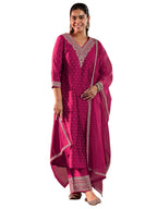 Libas Womens Woven Design Silk Blend A-Line Kurta With Trousers And Dupatta