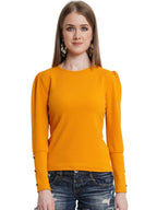 POPWINGS Casual Solid Puff Button Long Sleeves Tops for Women || Summer Round Neck Tops for Women || Stylish Western Top for Jea