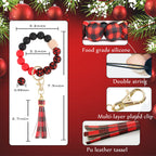 BAOSIWA Silicone Beaded Bracelet Keychain Red and Black Plaid Wristlet Key Ring Bangle Chains Christmas Gifts for Women Girls wi