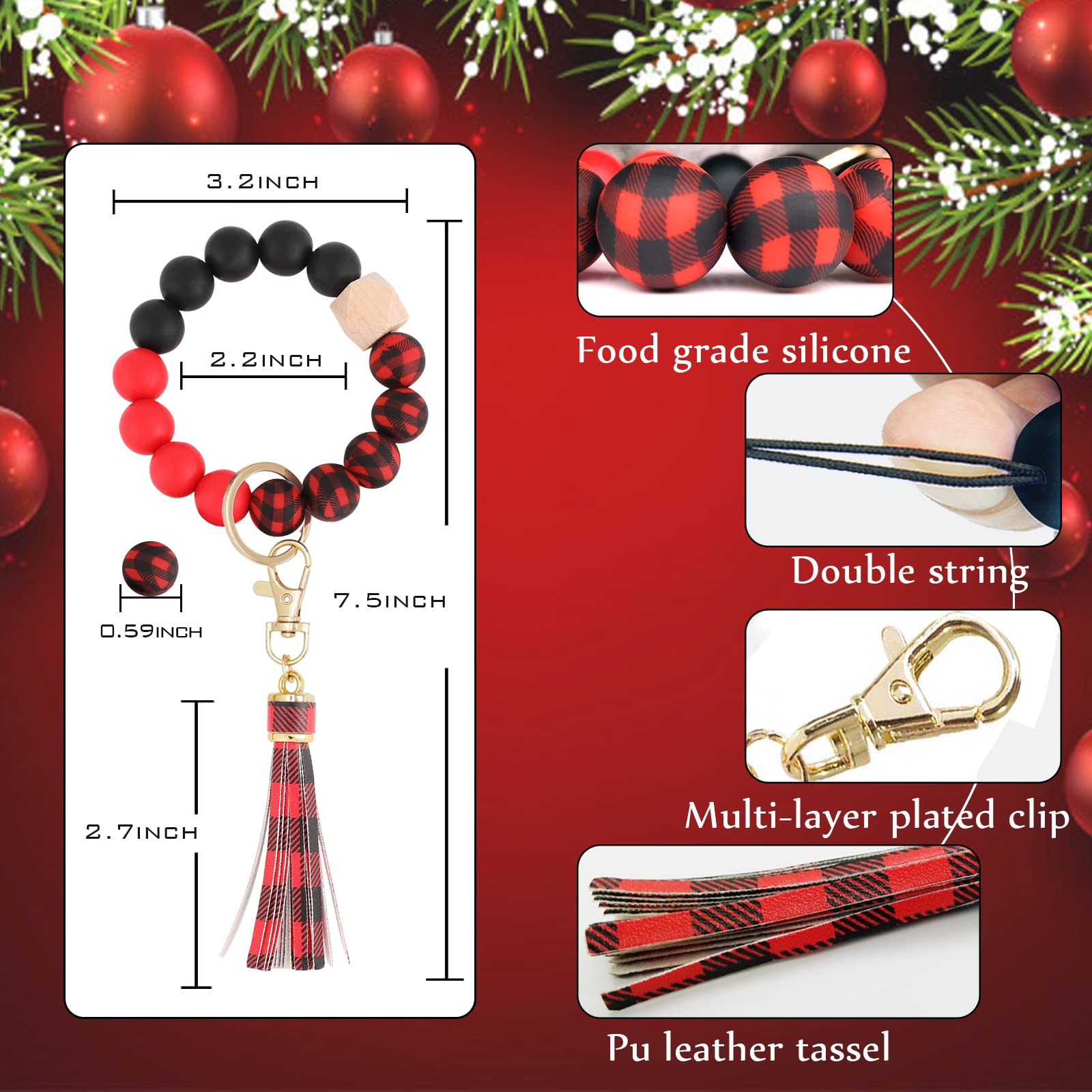 BAOSIWA Silicone Beaded Bracelet Keychain Red and Black Plaid Wristlet Key Ring Bangle Chains Christmas Gifts for Women Girls wi