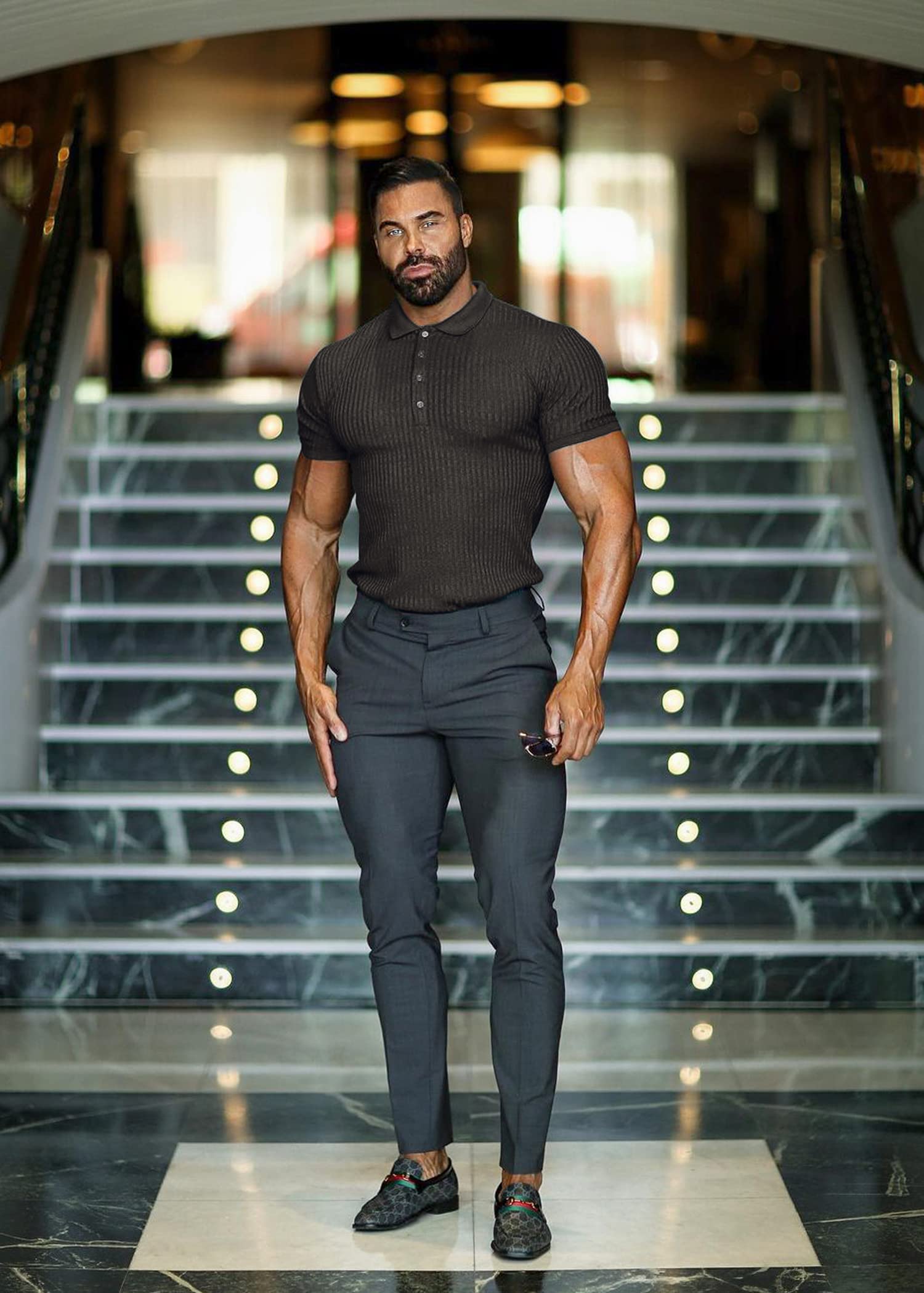 Muscle Polo Shirts for Men Slim Fit Short Sleeve Golf Shirts Men Dry Fit Shirts Casual Stylish Clothes Black