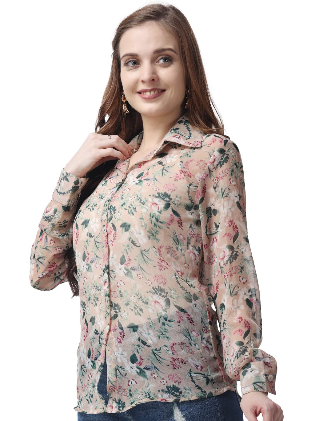 POPWINGS Printed Full-Sleeves Regular-Fit Polyester Printed Shirt for Women Stylish Western Casual Wear Beige