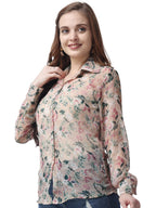 POPWINGS Printed Full-Sleeves Regular-Fit Polyester Printed Shirt for Women Stylish Western Casual Wear Beige