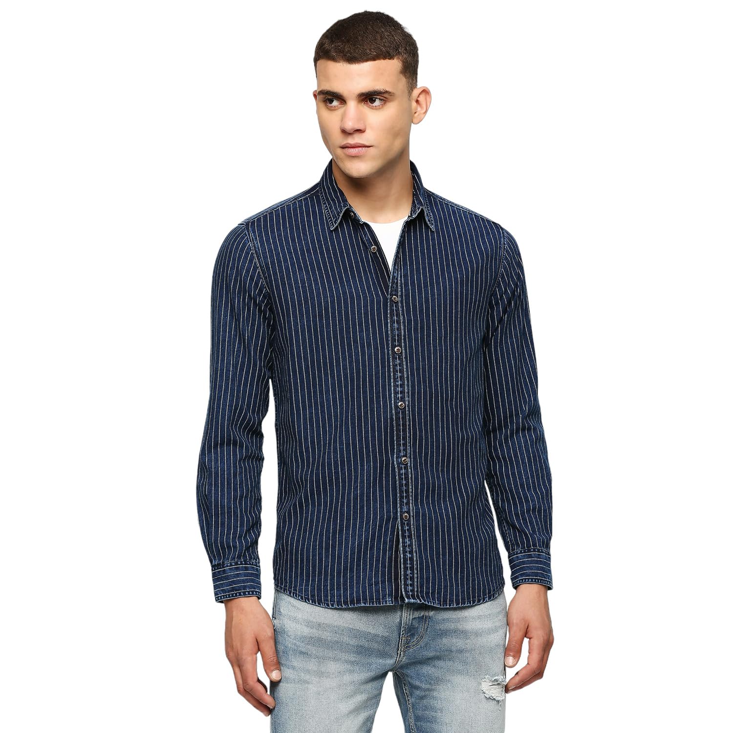 Pepe Jeans MenS Striped Regular Fit Shirt (Pm308331Ca0_Indigo Blue