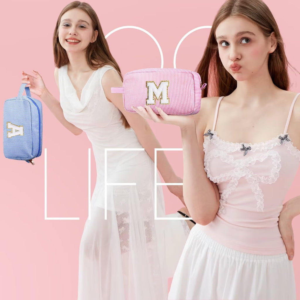 YOOLIFE Initial Cosmetic Bag for Women - Monogram Cute Blue Makeup Bags Toiletry Pouch Make Up Case for Women Her Best Friend Fr