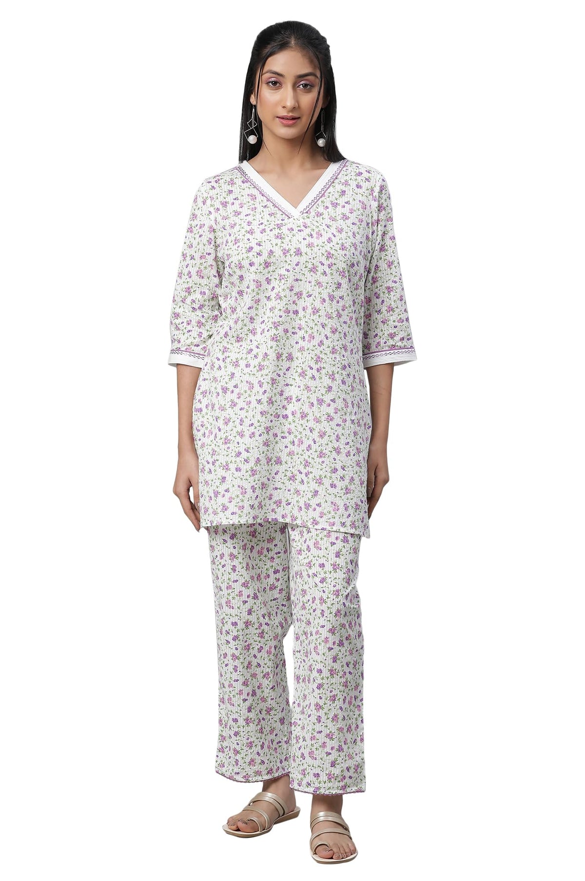 Aurelia Womens Cotton Floral Regular Kurti (23FEA30366-507208_White