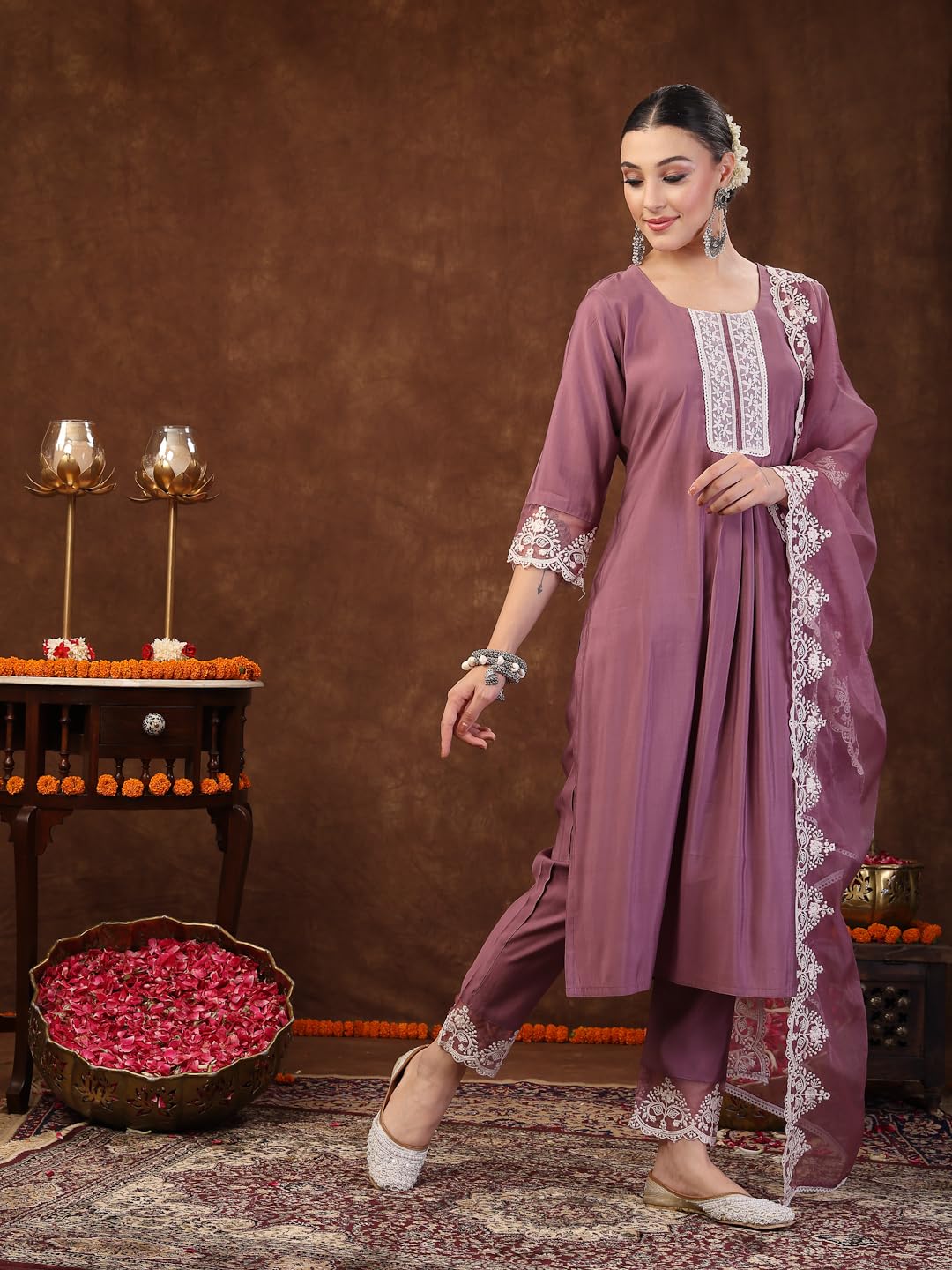 Stylum WomenS Embroidered Silk Blend Straight Kurta Pant Dupatta Set