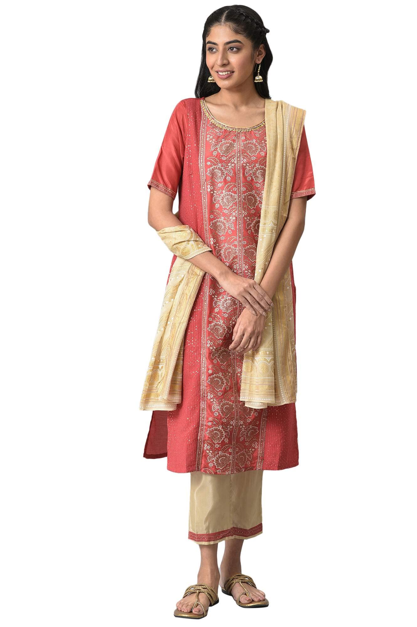 Aurelia Women Maroon Glitter Printed Kurta With Almond Gold Trousers And Dupatta_22Aud10472-505712_M