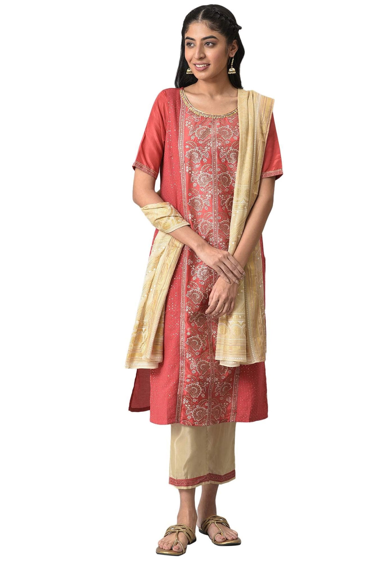 Aurelia Women Maroon Glitter Printed Kurta With Almond Gold Trousers And Dupatta_22AUD10472-505712_XXL