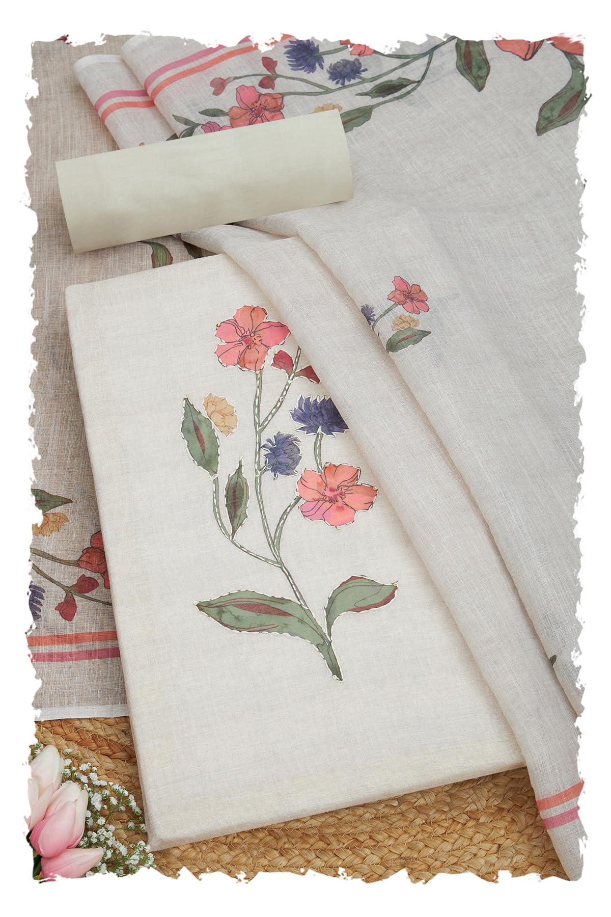 Soch Women Linen Floral Print Unstitched Dress Material Cutdana