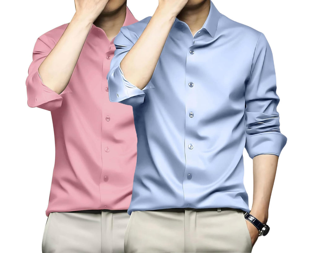 Deelmo Combo Of MenS Stylish Solid Satin Casual Shirt For Men Full Sleeves| Poly Satin Silk Shirt Pack Of 2