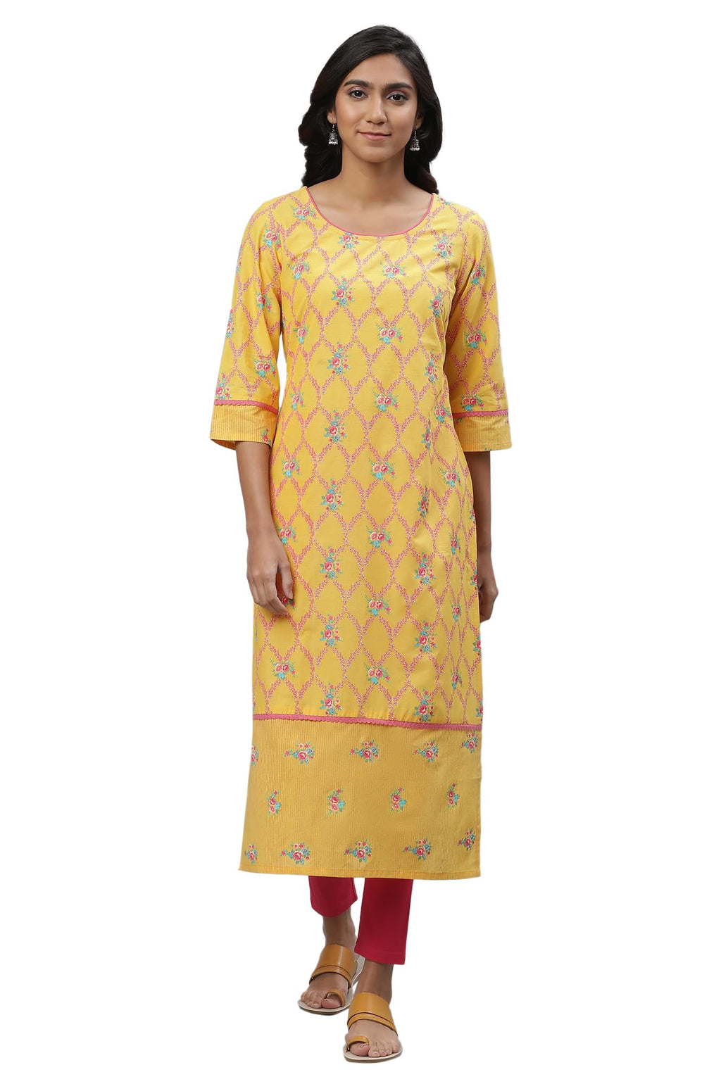 Aurelia Yellow Floral Printed Printed Cotton Lace Straight Long Kurta