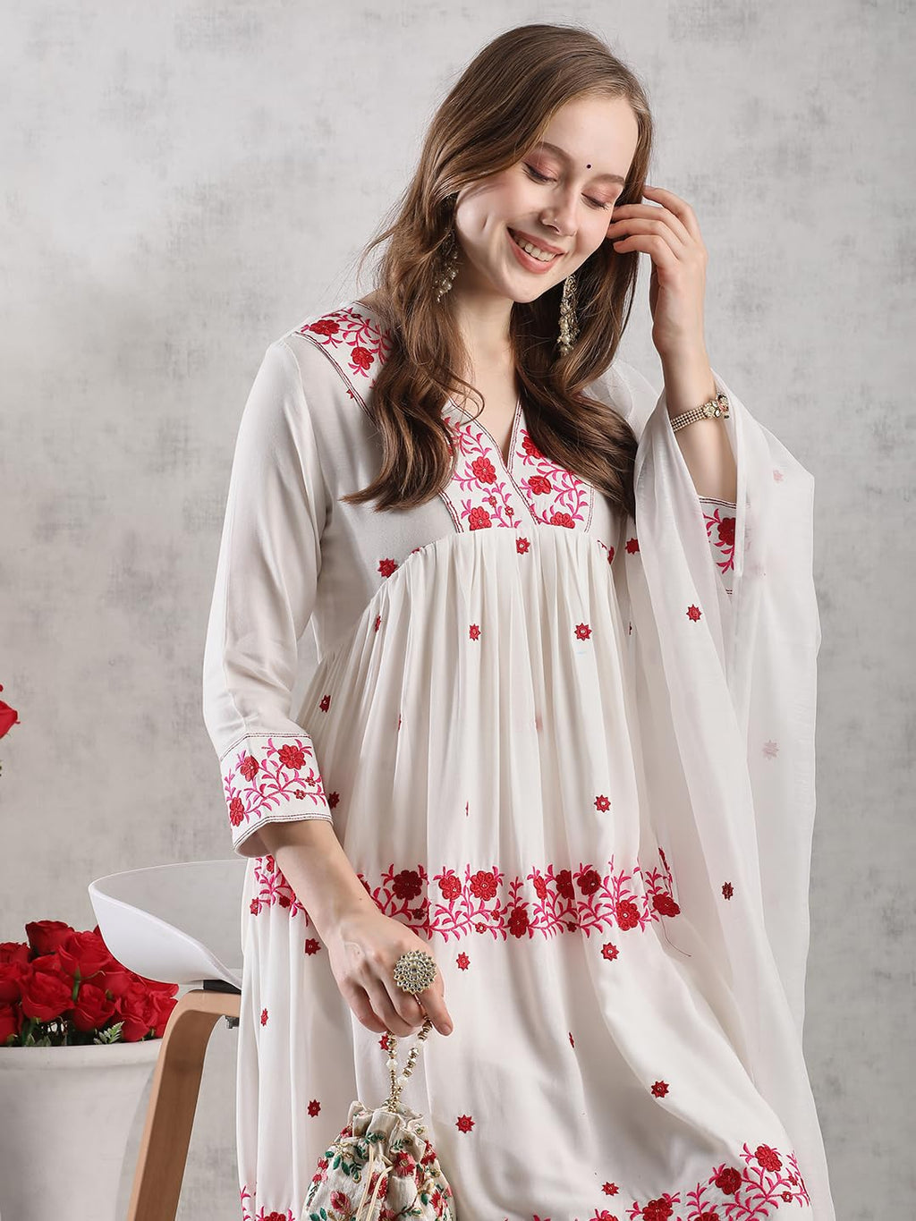 ANNI DESIGNER Women s Printed Rayon Blend Kurta with Pants and Dupatta, cream, L