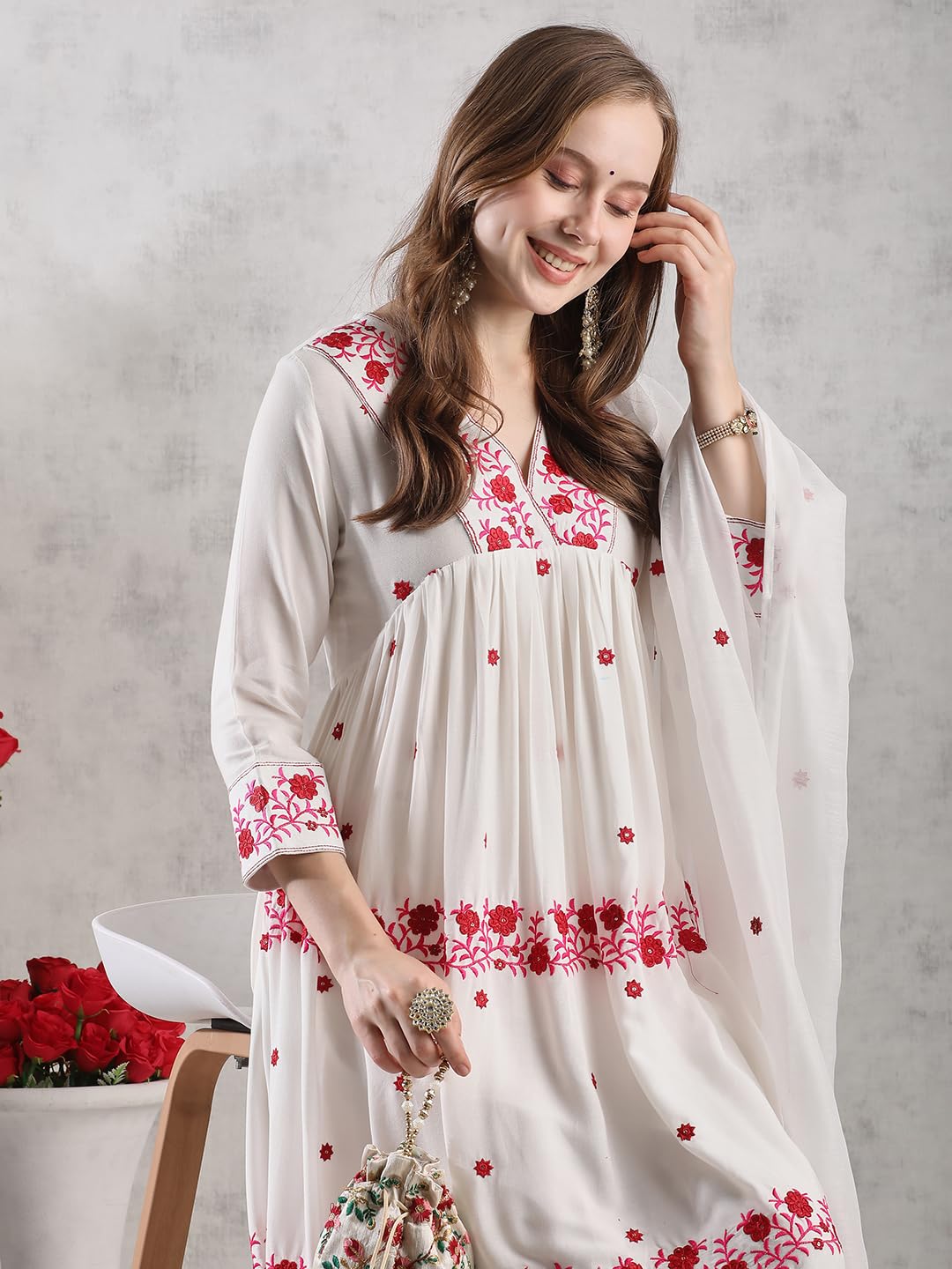 ANNI DESIGNER Women s Printed Rayon Blend Kurta with Pants and Dupatta, cream, L