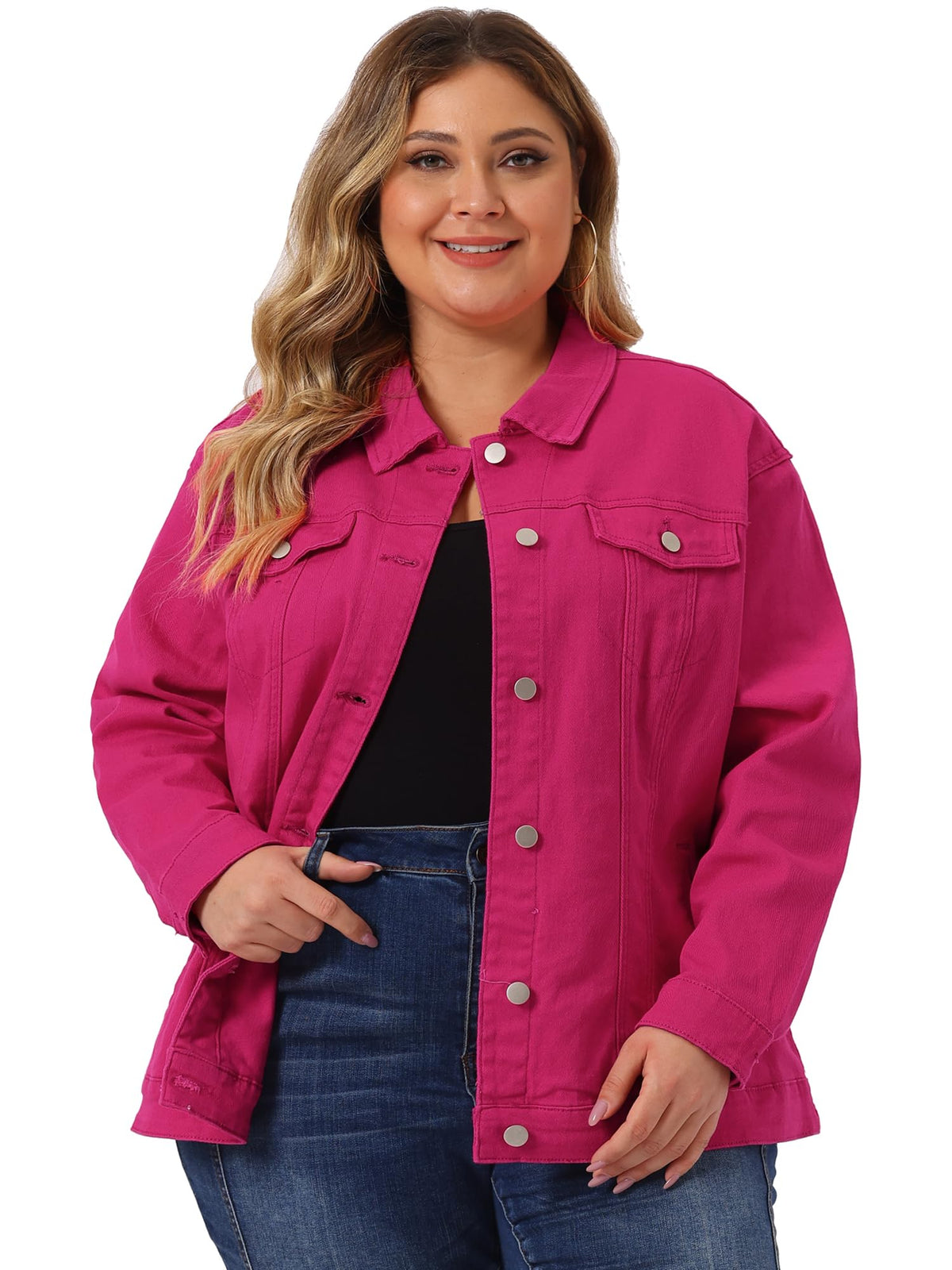 uxcell Womens Plus Size Button Down Washed Denim Jacket with Chest Flap Pocket, Hot Pink, 1X 1