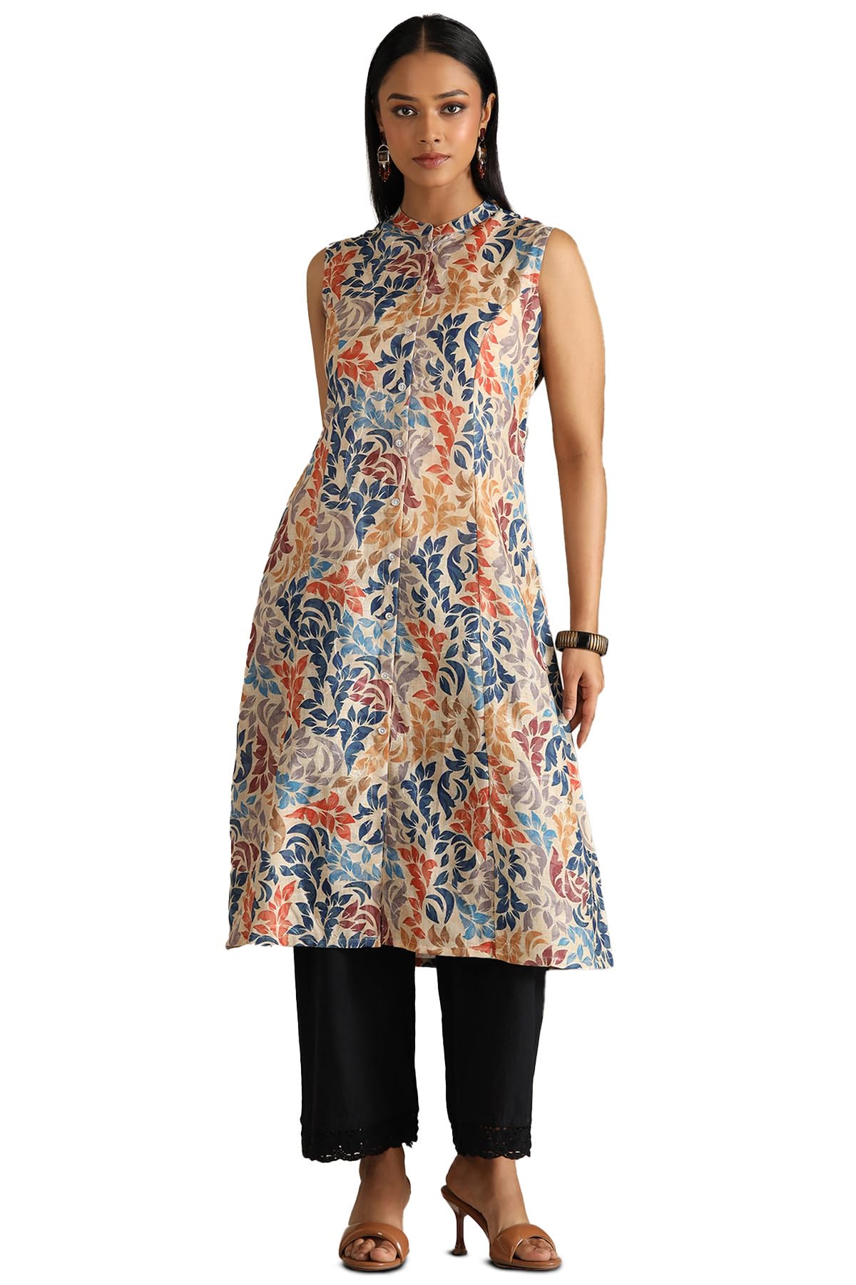 Soch Women Linen Botanical Print Kurta with Thread Work
