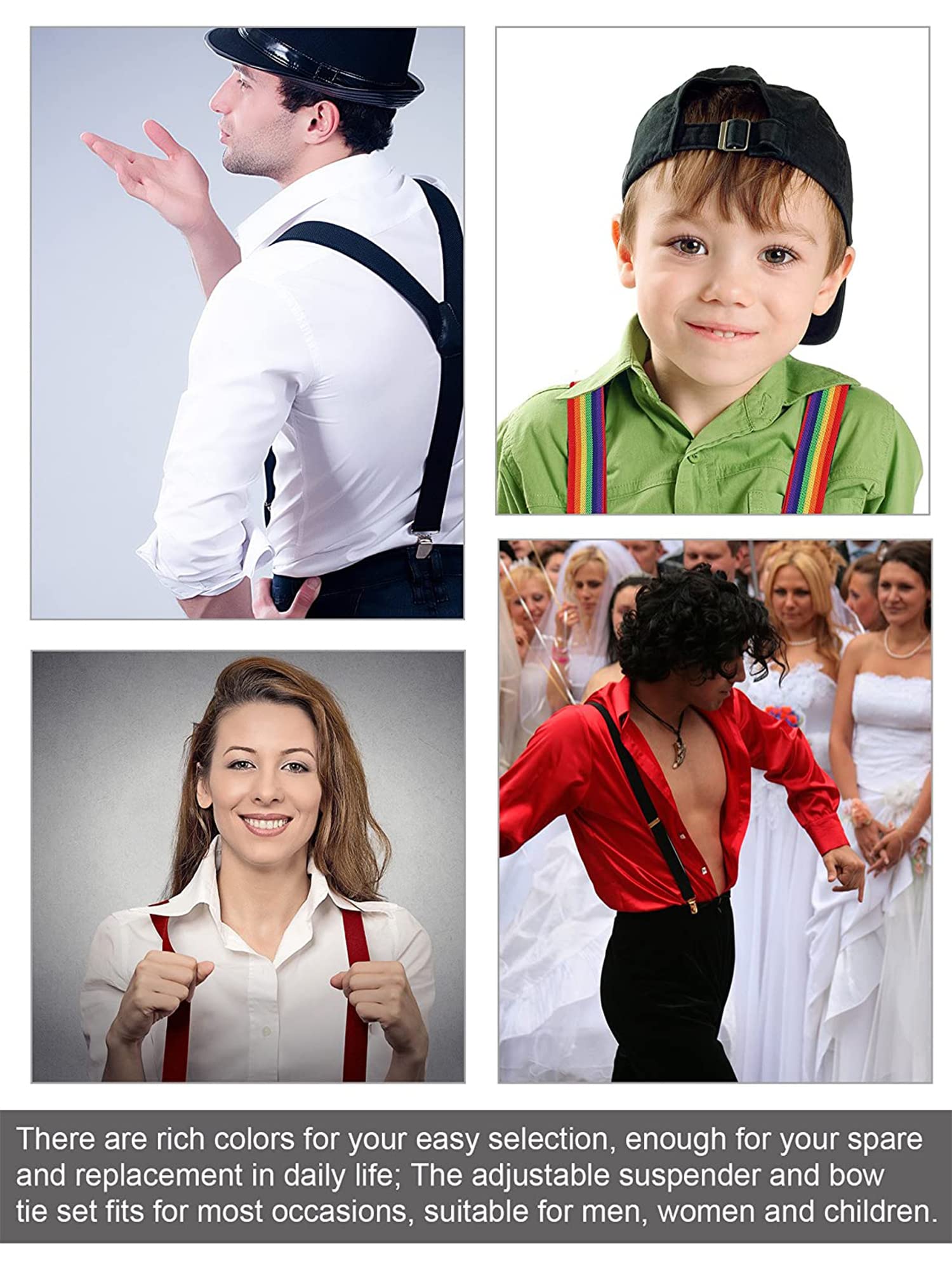 SATINIOR Suspender and Bow Tie Set 80s Clip on Suspenders for Men Women(White)