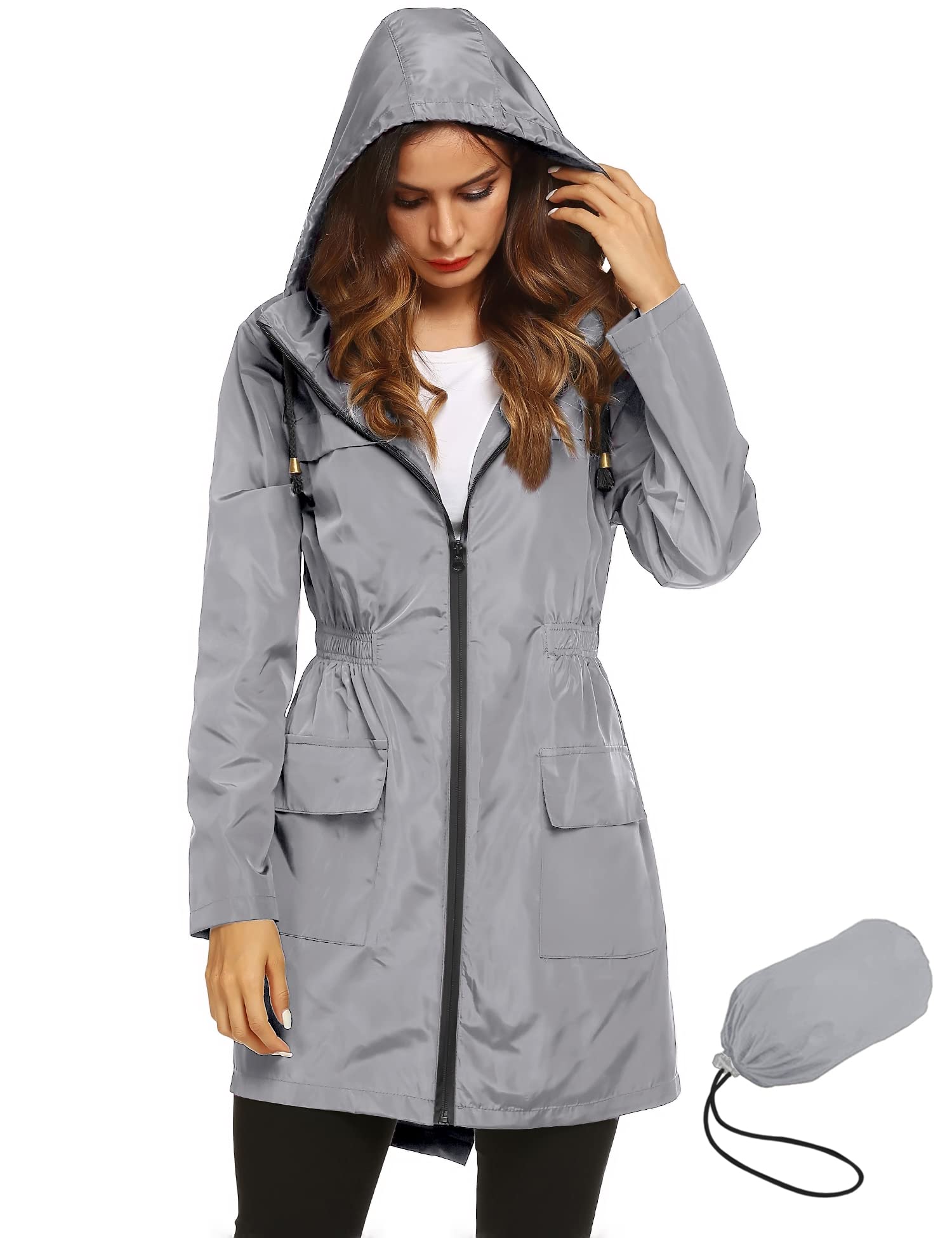LOMON Women Waterproof Lightweight Rain Jacket Active Outdoor Hooded Raincoat (XL, Gray)