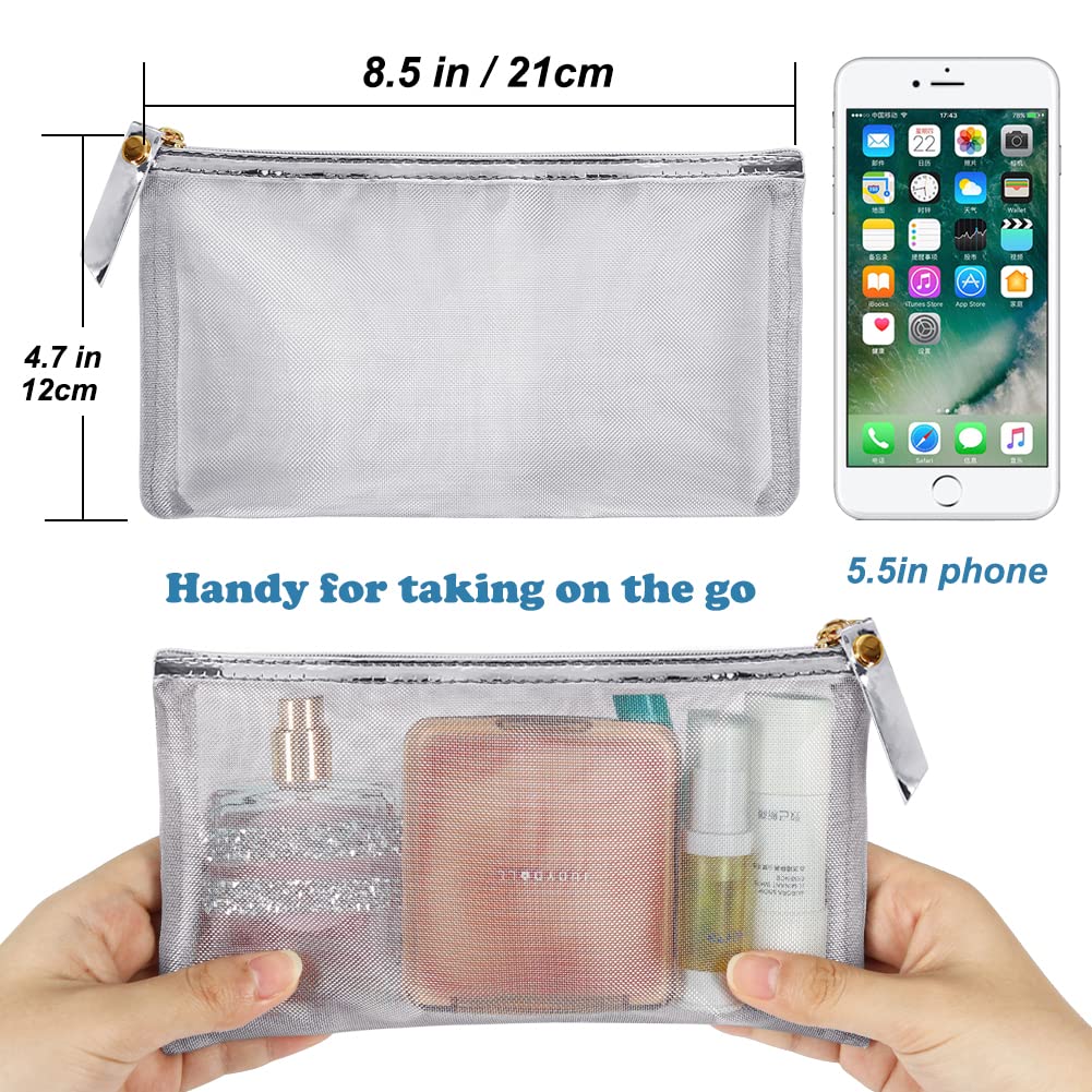 HRX Package Nylon Mesh Cosmetic Zipper Bags, Metallic Silver Makeup Pouches Travel Organizer Case for Purse Diaper Bag (4PCS)