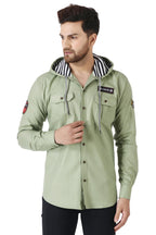Besix MenS Green Tailored Fit Cotton Blend Shirt For Man With Hoodie - Casual Long Sleeve Shirt With Pockets - Patch Detail For