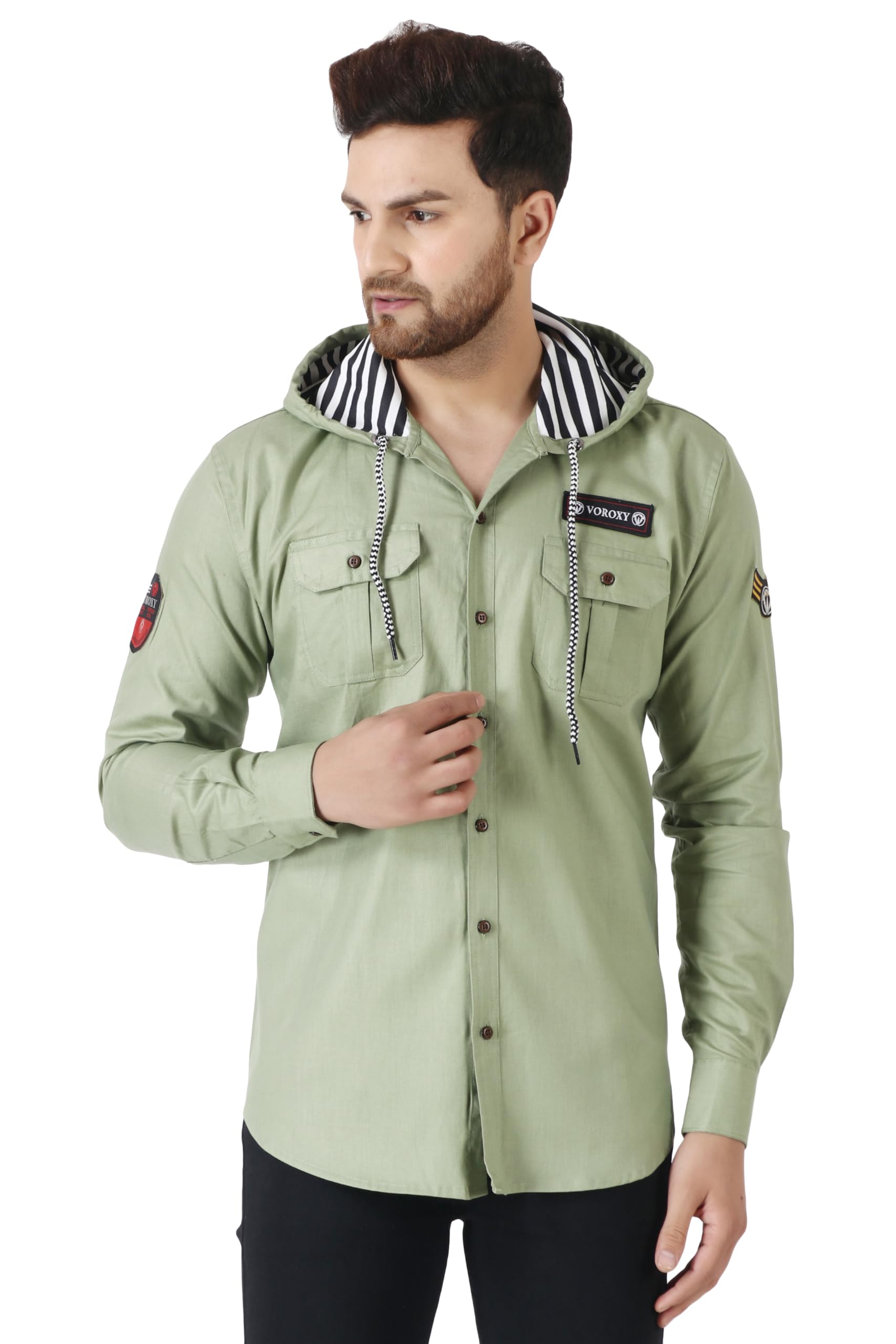 Besix MenS Green Tailored Fit Cotton Blend Shirt For Man With Hoodie - Casual Long Sleeve Shirt With Pockets - Patch Detail For