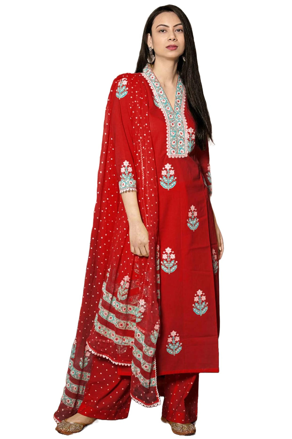 ANNI DESIGNER Womens Rayon Viscose Floral Straight Kurta with Pant & Dupatta (Belagavi Mustard_Red_Large)