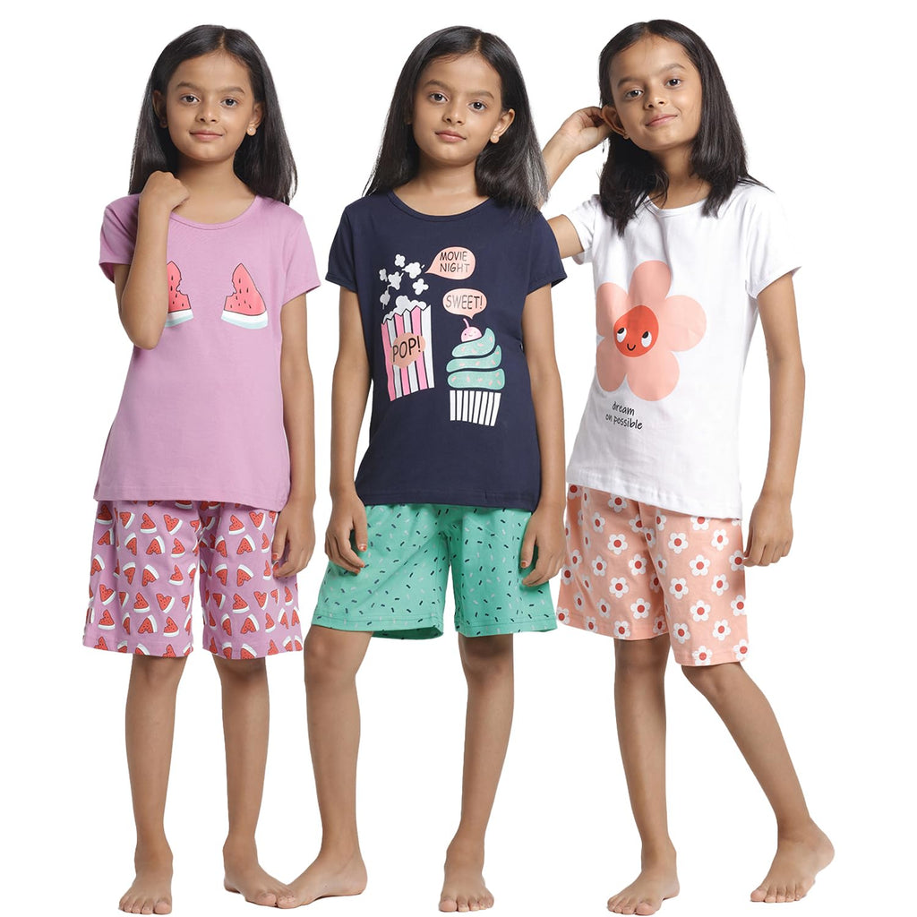 T2F Girls Cotton Printed Regular Fit T-Shirt and Shorts Clothing Set (Pack of 3)
