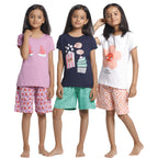 T2F Girls Cotton Printed Regular Fit T-Shirt and Shorts Clothing Set (Pack of 3)