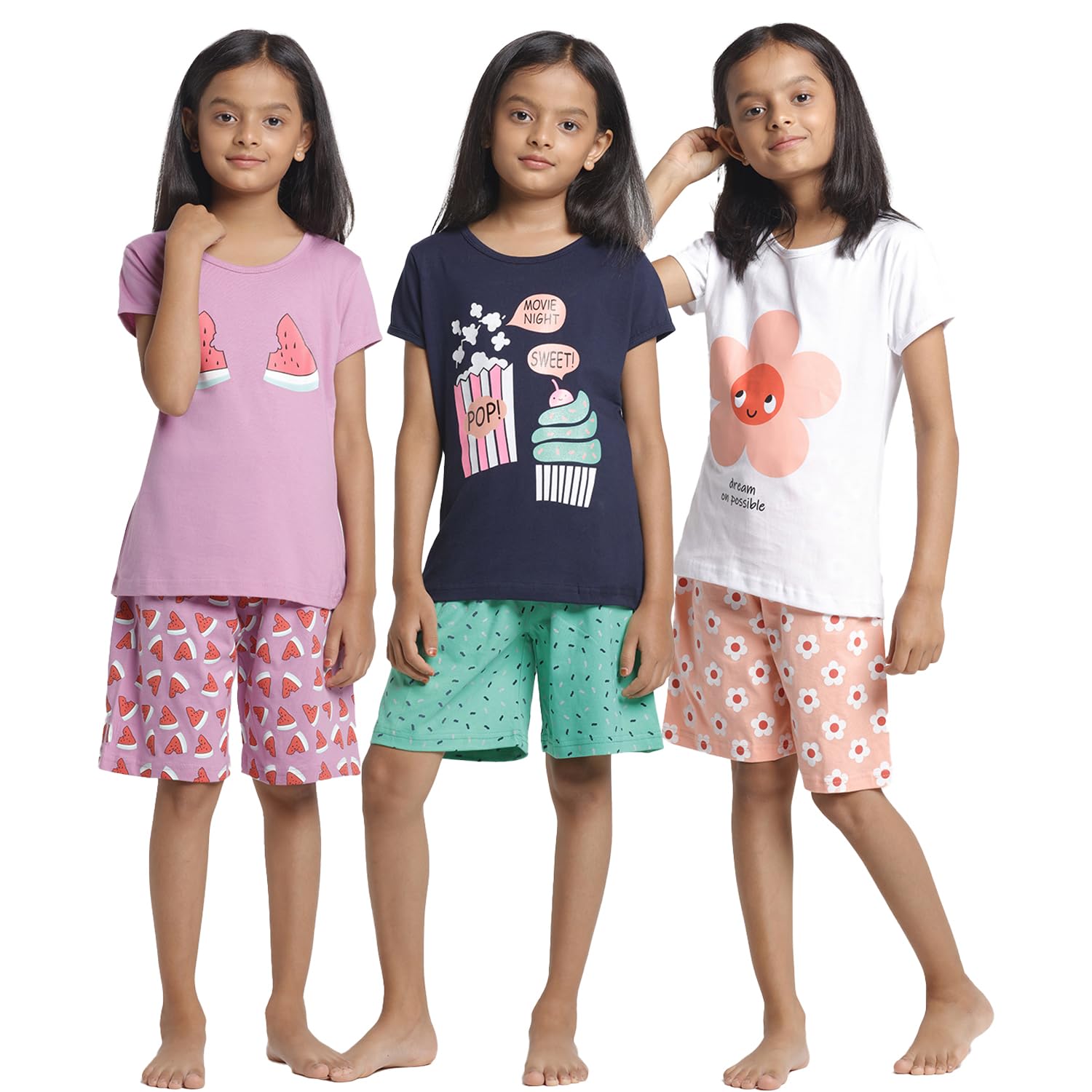 T2F Girls Cotton Printed Regular Fit T-Shirt and Shorts Clothing Set (Pack of 3)