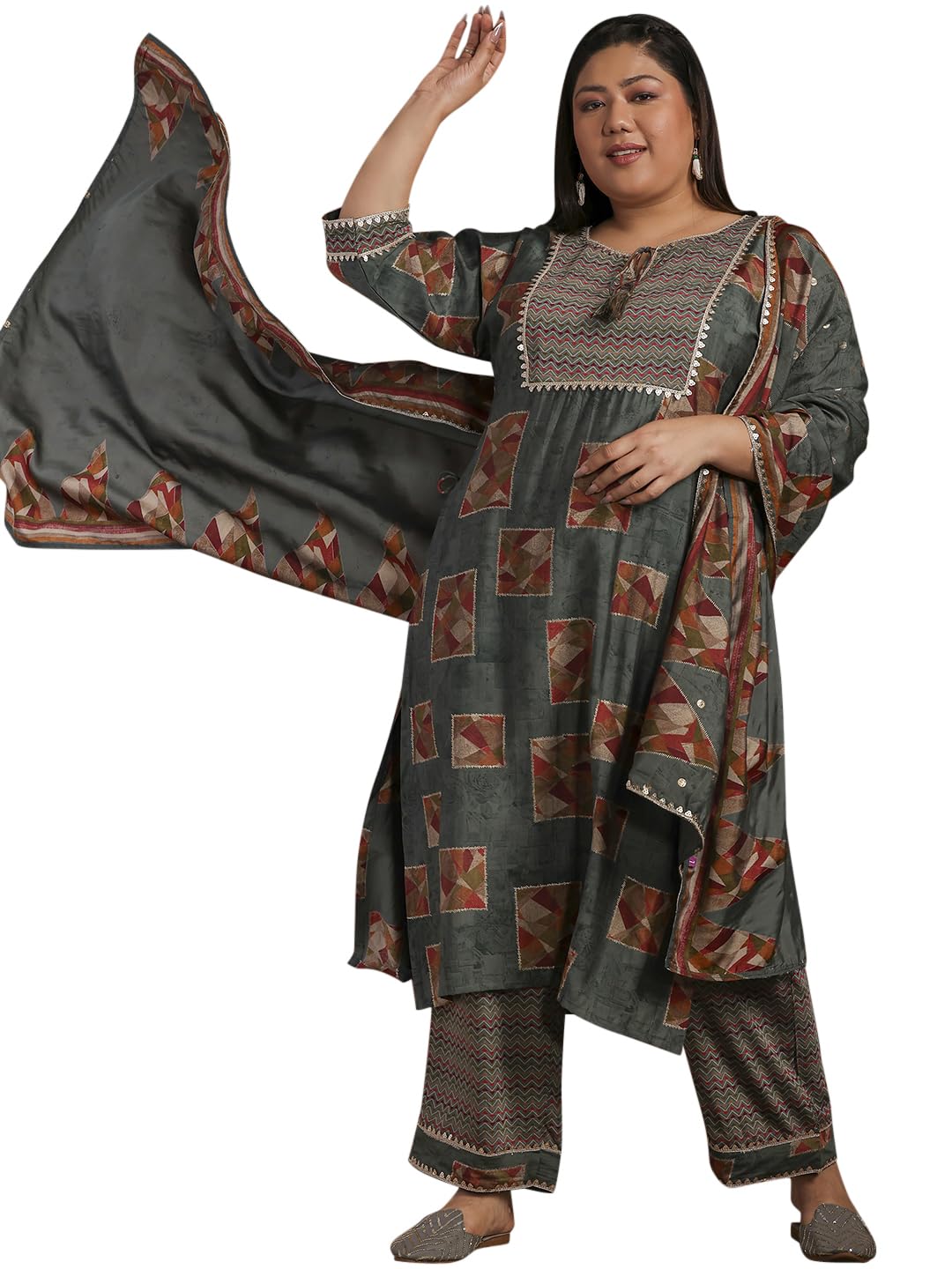 Libas Plus Size Womens Printed Silk Blend Straight Kurta With Palazzos And Dupatta