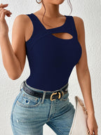 Sugathari Womens Navy Blue Cut Out Asymmetrical Neck Rib Knit Jeans Korean Trendy Tank Western Tops for Women Stylish (T-Shirt
