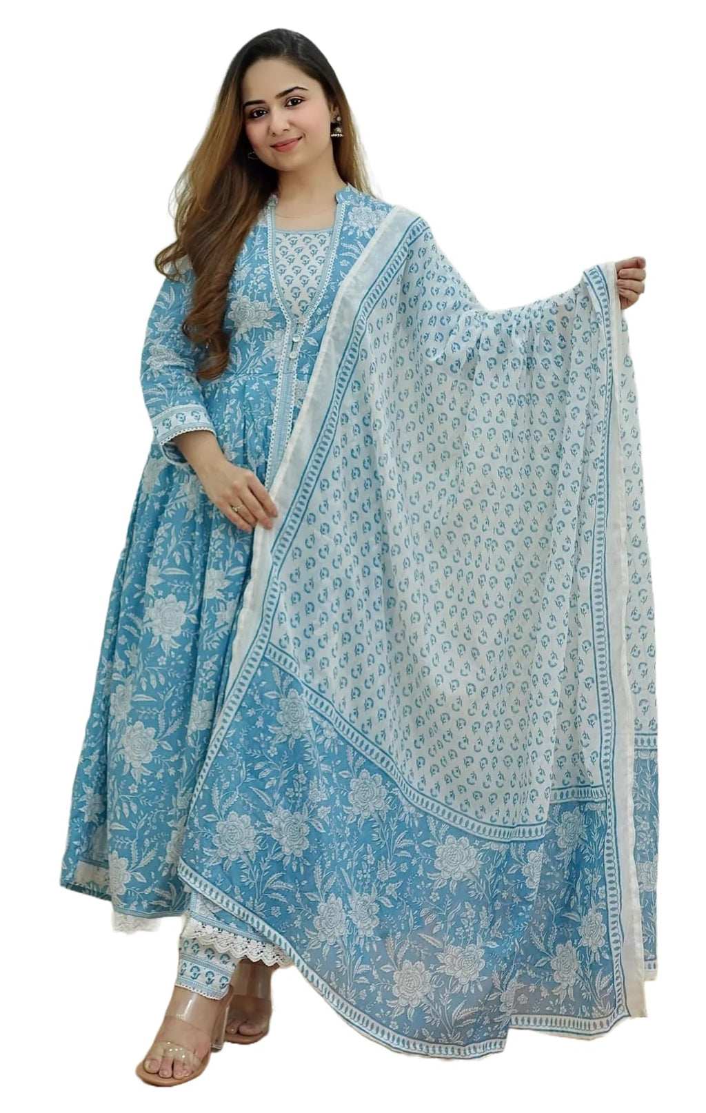 KLOSIA Women Printed Kurta and Pant Suit Set with Dupatta (Small) Sky Blue