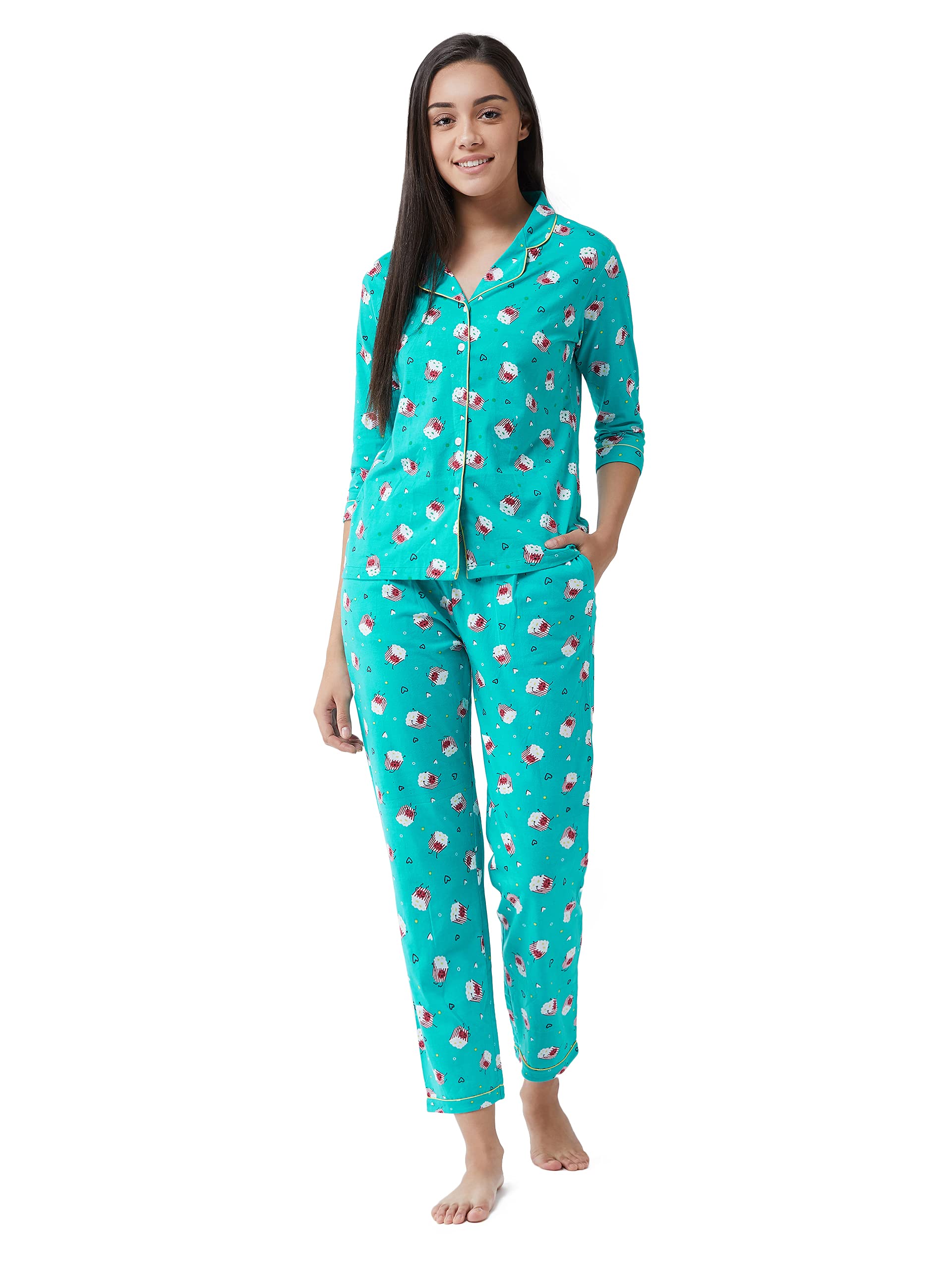 Miss Chase WomenS Blue Regular Length Printed Three-Fourth Sleeves Collared Night Suit Set(Mcss20Nw06-11-115-04_Cotton_M)